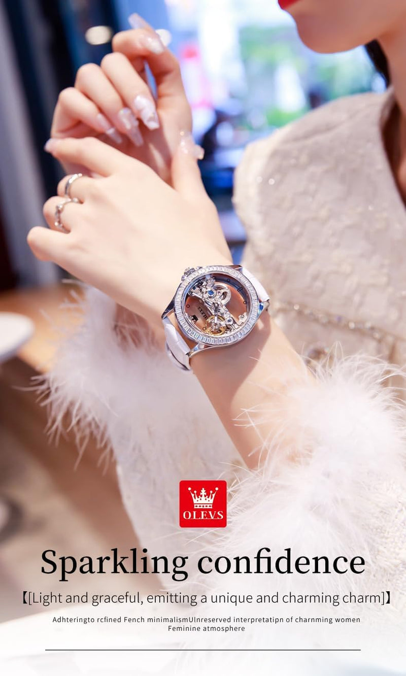 Automatic Watch for Women Self Winding Ladies Diamond Wrist Watch Luxury Dress Rose Gold Ceramic Watch for Women Love Heart Date