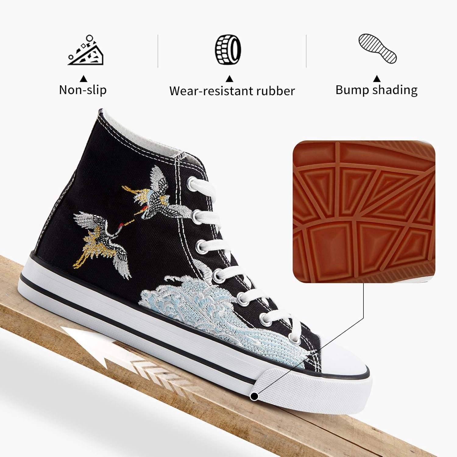Women'S High Top Canvas Shoes Fashion Canvas Sneakers Low Top Casual Shoes（Black Crane.Us8）