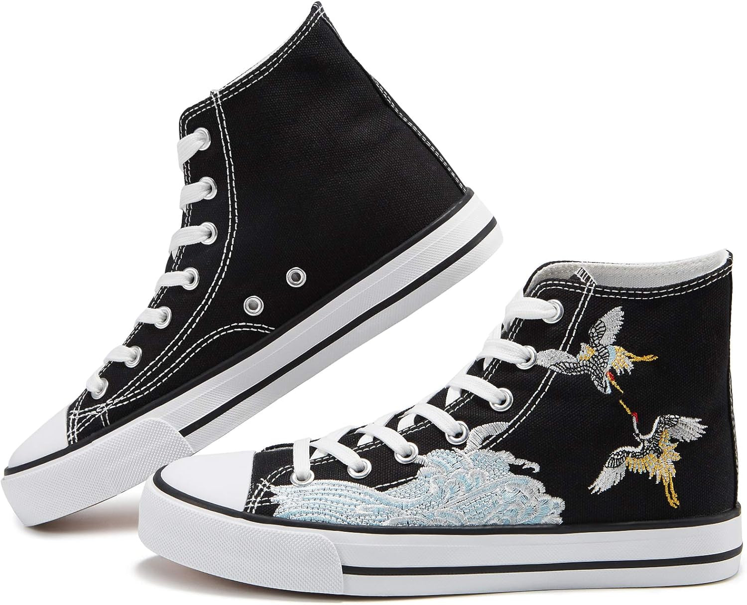 Women'S High Top Canvas Shoes Fashion Canvas Sneakers Low Top Casual Shoes（Black Crane.Us8）
