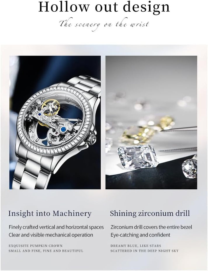 Automatic Watch for Women Self Winding Ladies Diamond Wrist Watch Luxury Dress Rose Gold Ceramic Watch for Women Love Heart Date