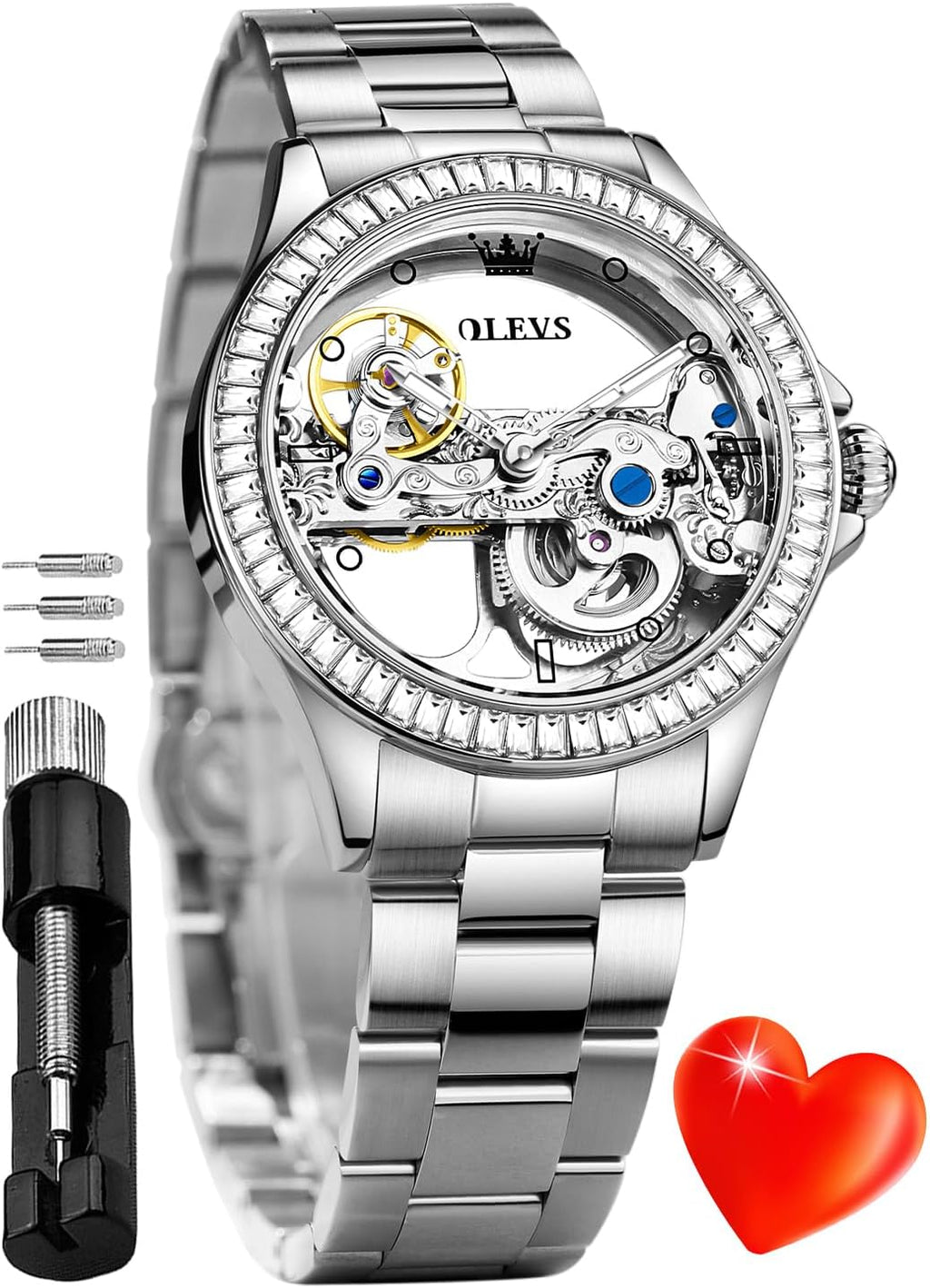 Automatic Watch for Women Self Winding Ladies Diamond Wrist Watch Luxury Dress Rose Gold Ceramic Watch for Women Love Heart Date