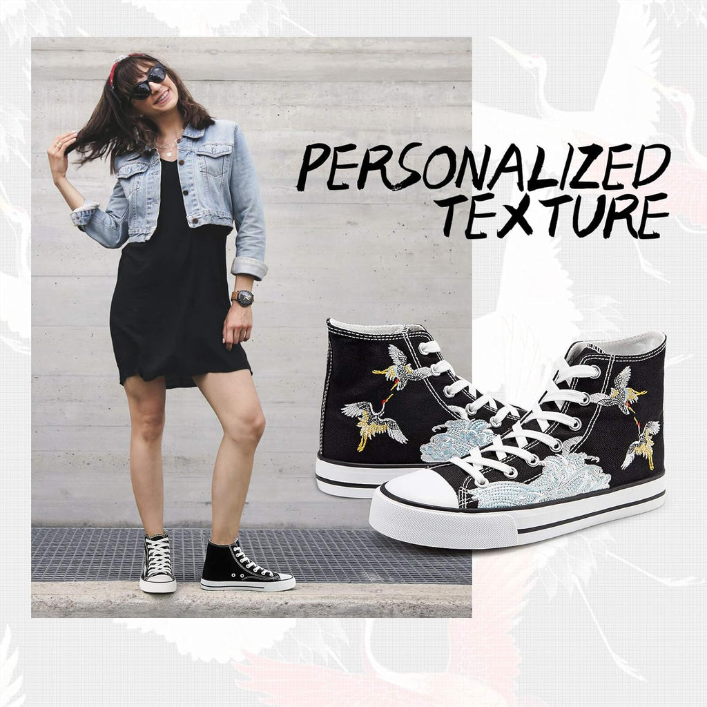 Women'S High Top Canvas Shoes Fashion Canvas Sneakers Low Top Casual Shoes（Black Crane.Us8）