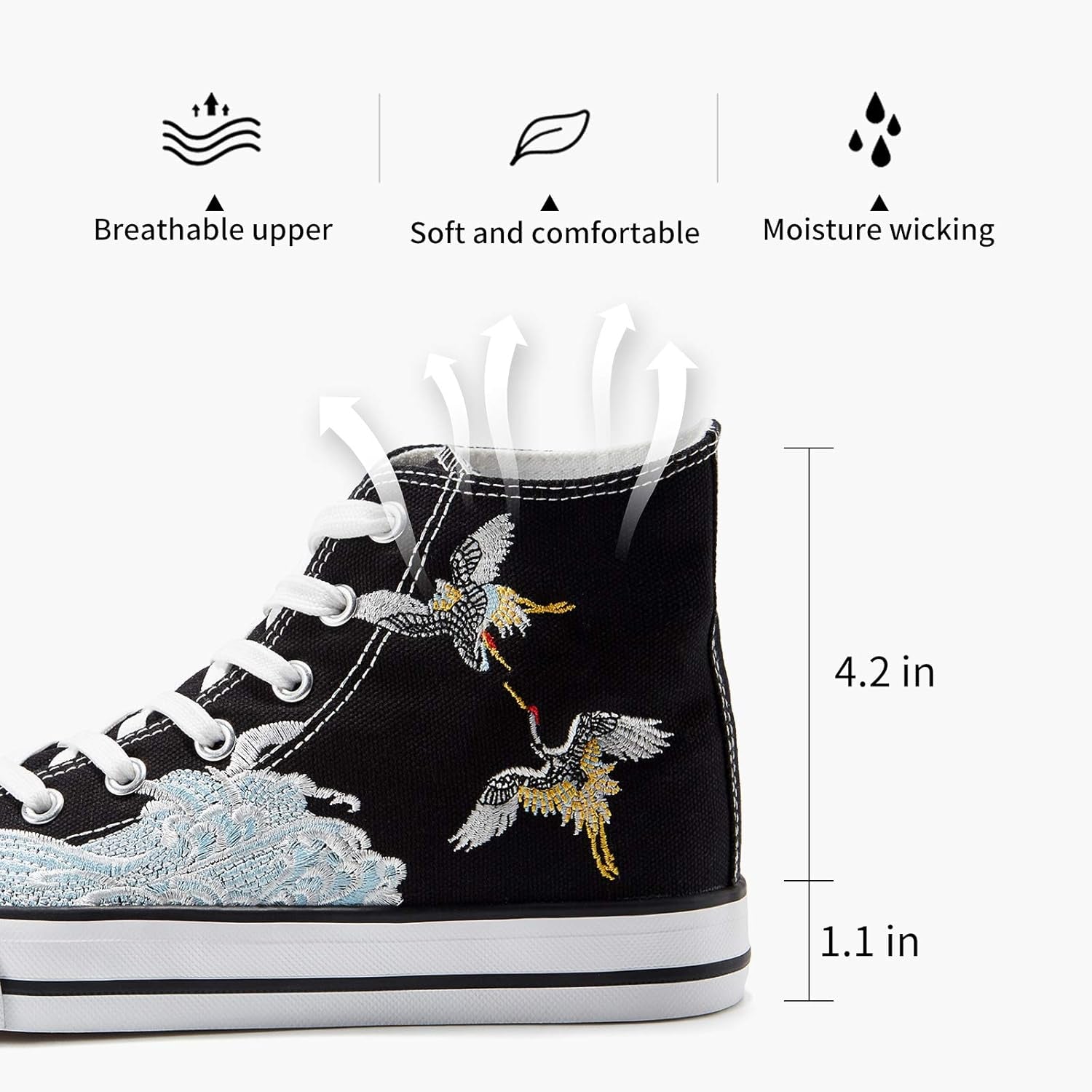 Women'S High Top Canvas Shoes Fashion Canvas Sneakers Low Top Casual Shoes（Black Crane.Us8）