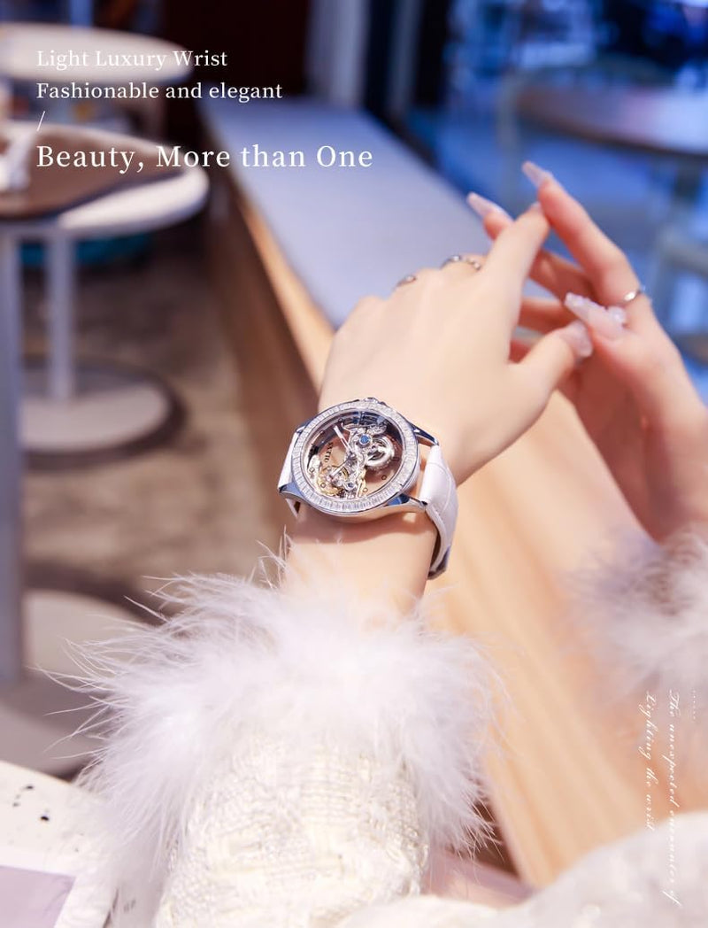 Automatic Watch for Women Self Winding Ladies Diamond Wrist Watch Luxury Dress Rose Gold Ceramic Watch for Women Love Heart Date