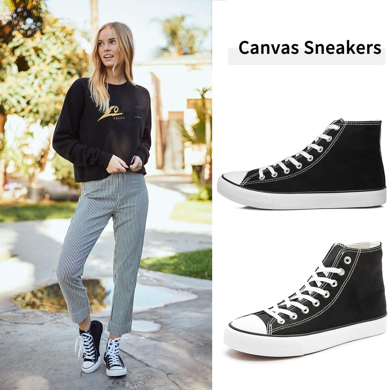 Women'S High Top Canvas Shoes Fashion Sneakers Casual Shoes for Walking（Black.Us7）