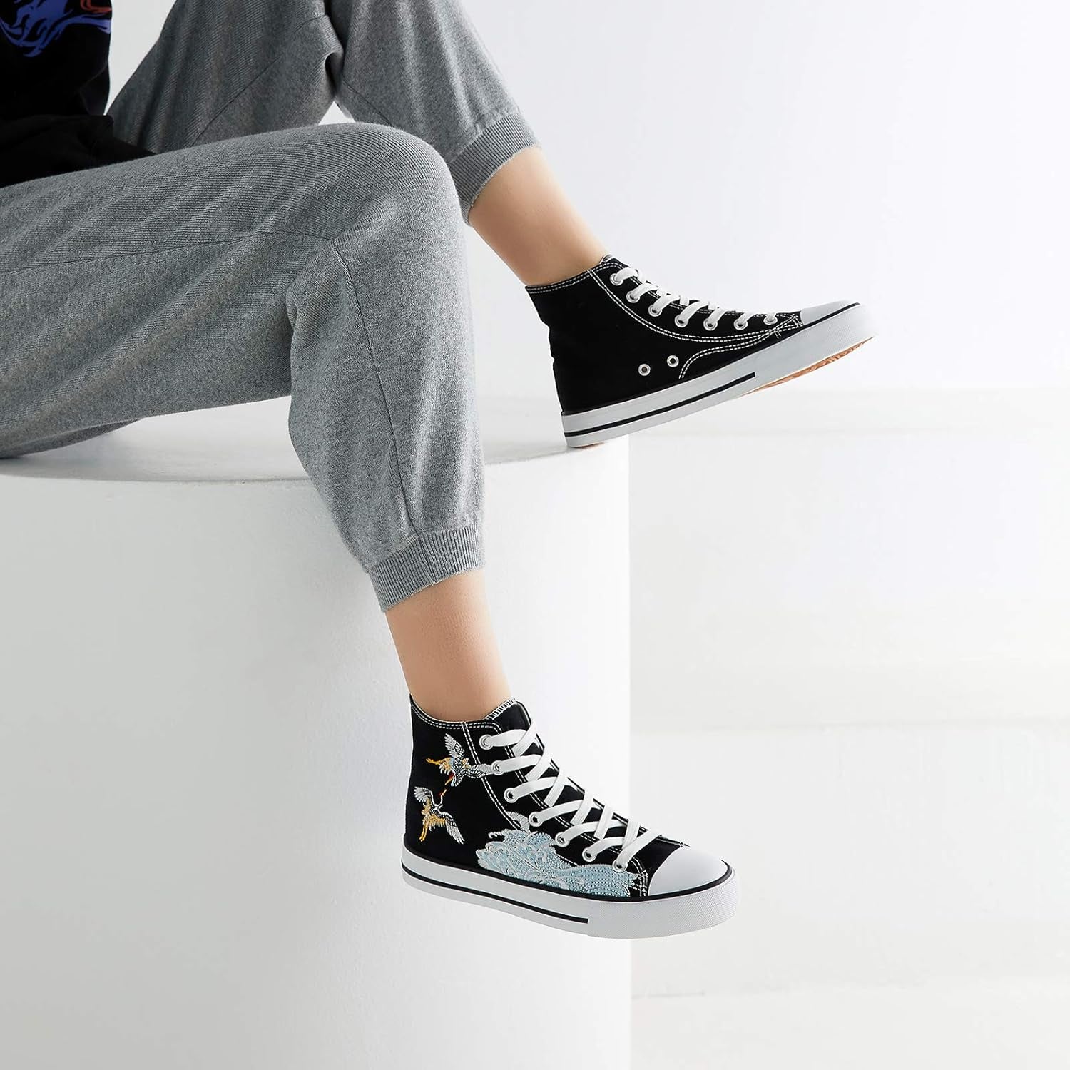 Women'S High Top Canvas Shoes Fashion Canvas Sneakers Low Top Casual Shoes（Black Crane.Us8）